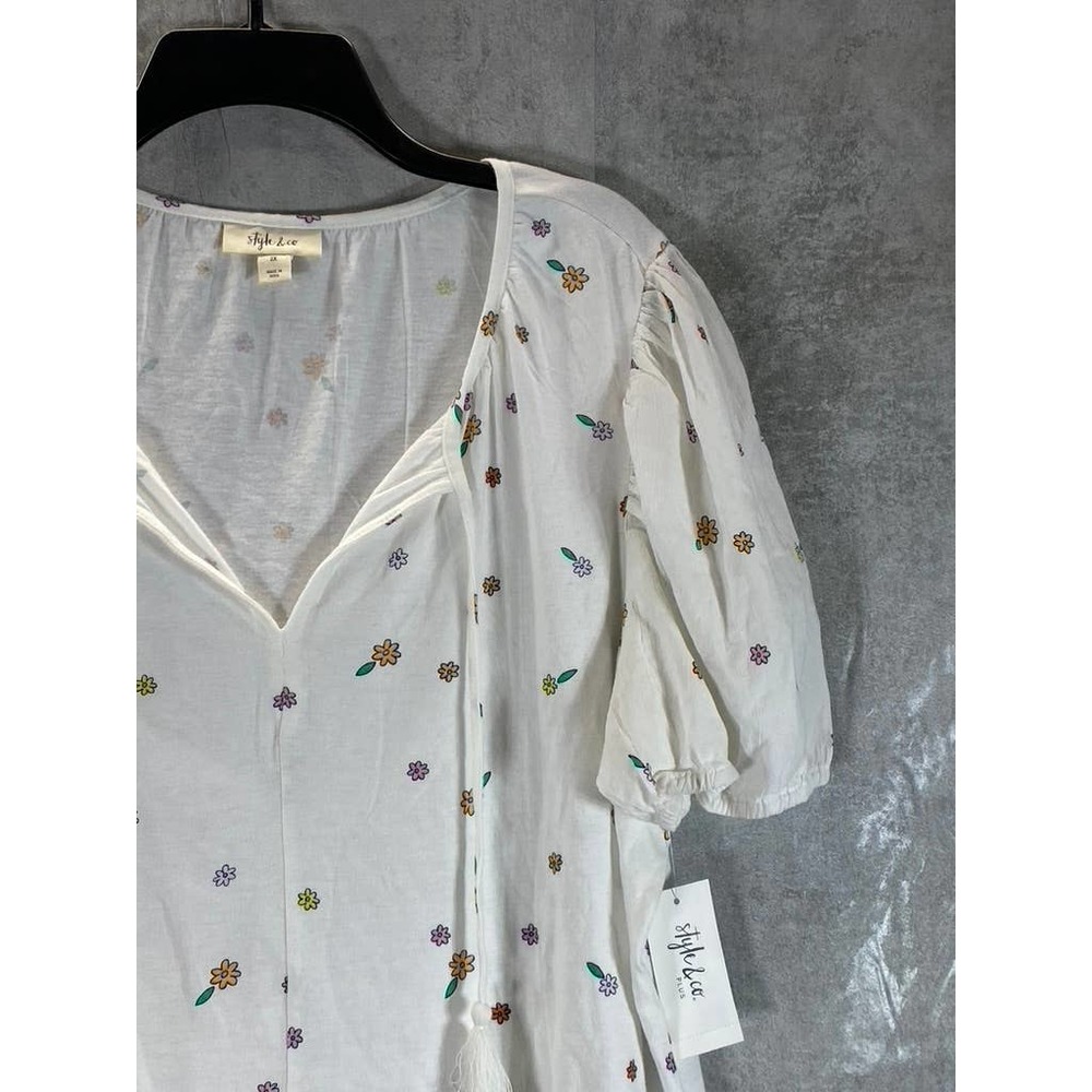 Style & Co Women's Plus Size White Garden Printed Puff-Sleeve Tie-Neck Top SZ 2X - Picture 3 of 10